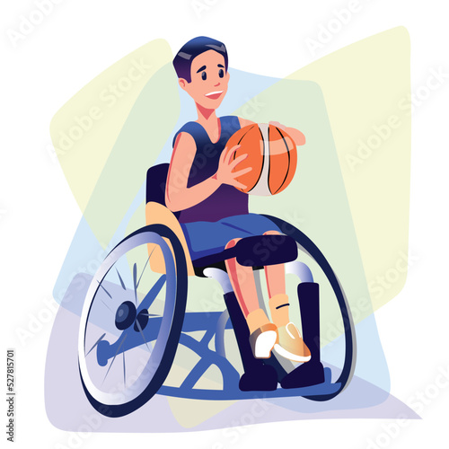 Wheelchair boy child illustration with a ball, sport practitioner. 