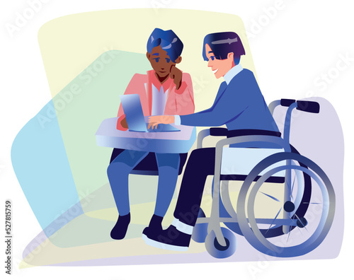 A man in a wheelchair communicates cheerfully with employees of the office during a business meeting. They sit around the table and smile.