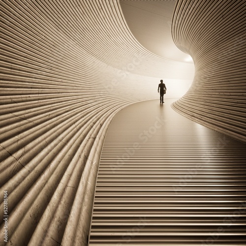 Concept or conceptual dark tunnel with a bright light at the end or exit. 3d illustration as metaphor to success, faith, future or hope, a black silhouette of walking man to new opportunity or freedom