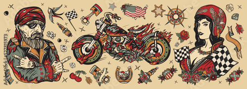 Old school tattoo collection. Bikers. Bearded biker man, burning motorcycle, rider sport woman. Pin up girl, spark plug, moto bike elements. Lifestyle of racers. Traditional tattooing style