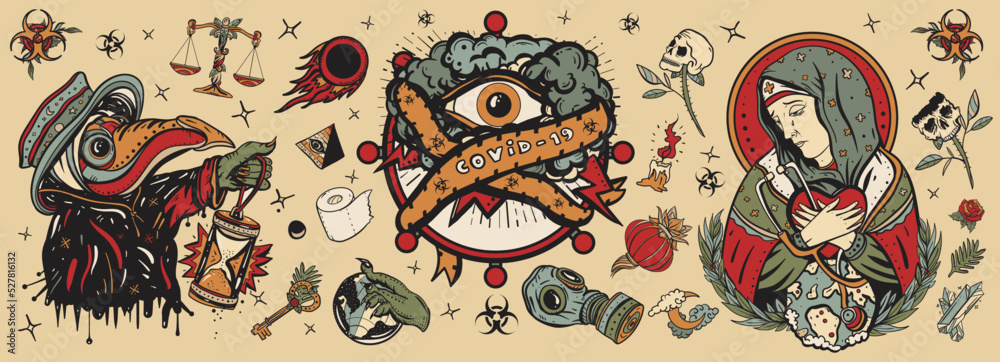 Fototapeta premium Old school tattoo collection. Coronavirus. Stop epidemic. Plague doctor, COVID-19 (SARS-CoV-2), Virgin Mary mourns the death of world, all seeing eye. Traditional tattooing, medieval style