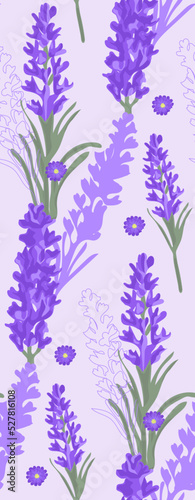 Lavender flowers seamless pattern on purple background. Vintage floral texture. Vector illustration.