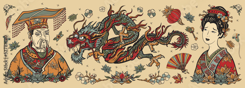 Old school tattoo collection. Ancient China. Chinese dragon, emperor, queen in traditional costume, fan, red lantern, lotus flower. History and culture. Asian art. Traditional tattooing style