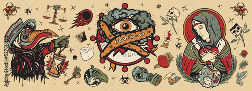 Old school tattoo collection. Coronavirus. Stop epidemic. Plague doctor, COVID-19 (SARS-CoV-2), Virgin Mary mourns the death of world, all seeing eye. Traditional tattooing, medieval style