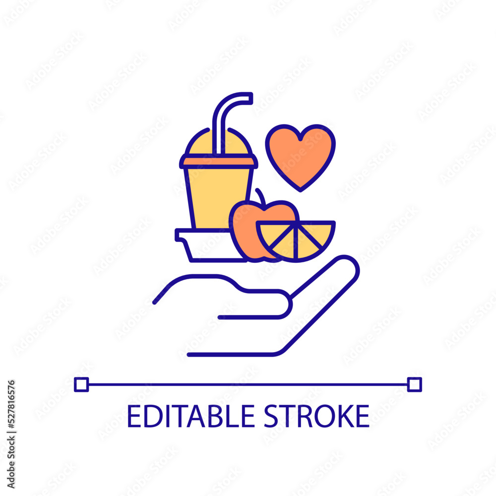Healthy snacks in school cafeteria RGB color icon. School lunch program. Supplemental nutrition assistance. Isolated vector illustration. Simple filled line drawing. Editable stroke. Arial font used Healthy snacks in school cafeteria RGB color icon. School lunch program. Supplemental nutrition assistance. Isolated vector illustration. Simple filled line drawing. Editable stroke. Arial font used