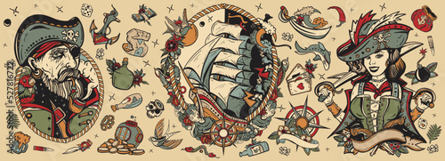 Old school tattoo collection. Pirates. Sea adventure. Traditional tattooing style. Captain, parrot, ship in storm, girl filibuster, compass, anchor, rum, treasure island, swallows
