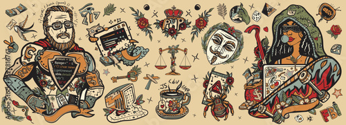 Old school tattoo collection. Programming and hacking. Superman programmer and African American woman hacker. Anonymous mask, night coding, dark Internet, web software development, cybercrime