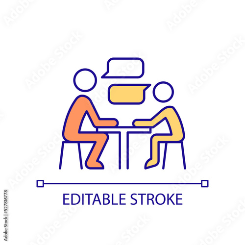 School counselor and student RGB color icon. Mental health service. Providing psychological help. Isolated vector illustration. Simple filled line drawing. Editable stroke. Arial font used