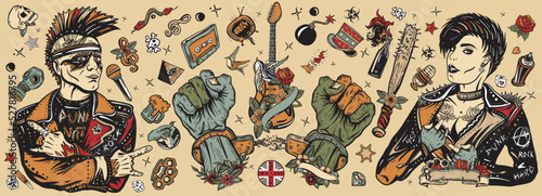 Old school tattoo collection. Punk music. Punker with mohawk hairstyle, rock woman, guitarist girl. Hooligans lifestyle. Electric guitar. Anarchy art. Traditional tattooing style