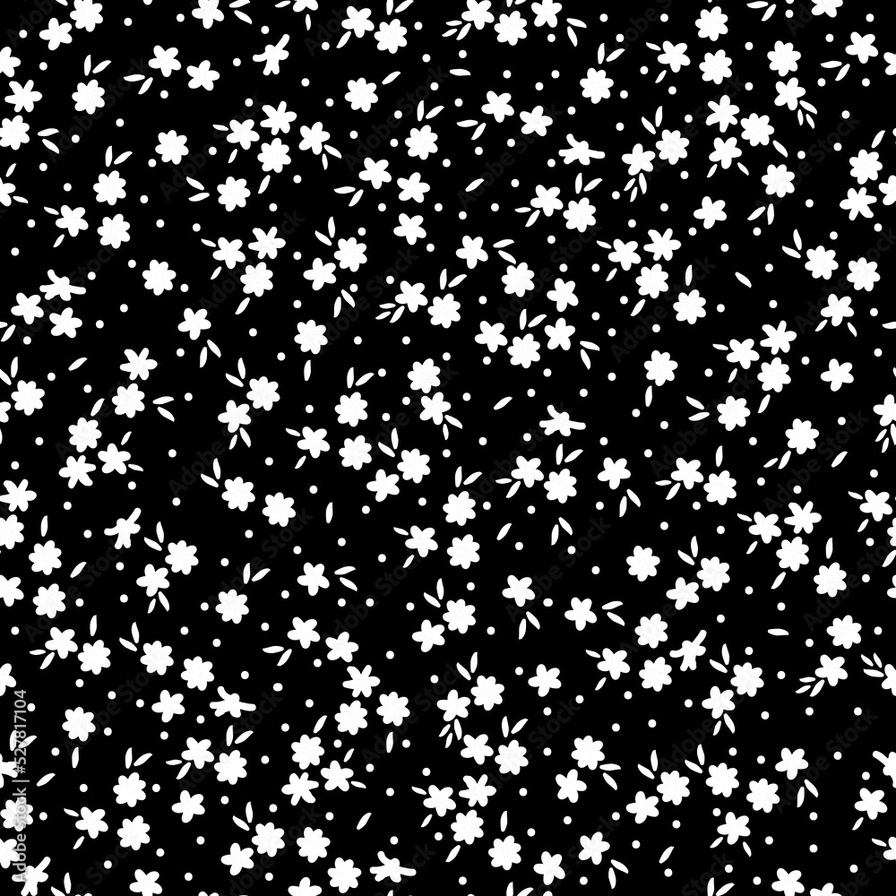 Simple vintage pattern. small white and leaves. black background. Fashionable print for textiles and wallpaper.