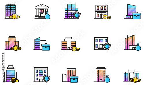 Vector Set of Linear Icons Related to bank buildings and financial consultations and services. Mono line pictograms and infographics design elements with gradients