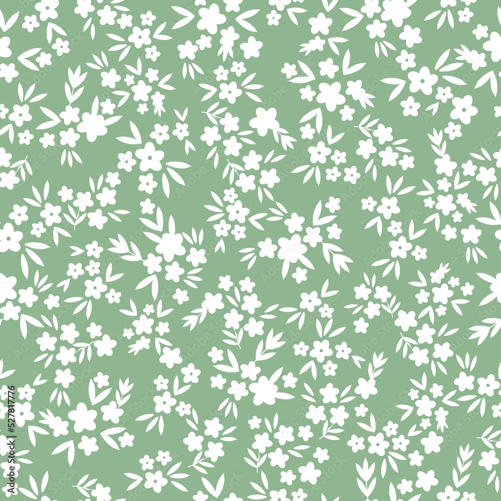 Simple vintage pattern. small white flowers and leaves. light green background. Fashionable print for textiles and wallpaper.