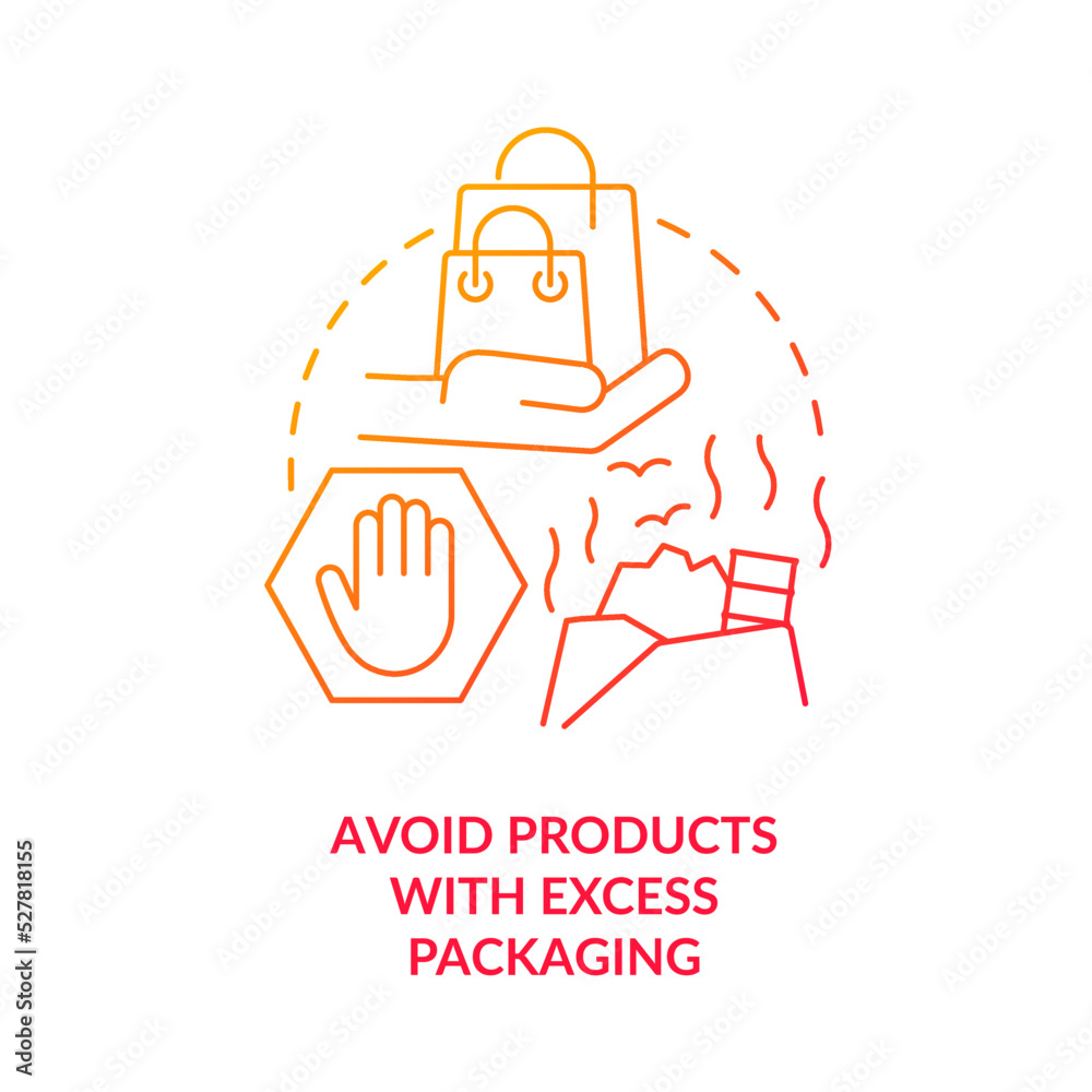 Avoid products with excess packaging red gradient concept icon. Reduce waste while shopping abstract idea thin line illustration. Overpackaging. Isolated outline drawing. Myriad Pro-Bold font used Avoid products with excess packaging red gradient concept icon. Reduce waste while shopping abstract idea thin line illustration. Overpackaging. Isolated outline drawing. Myriad Pro-Bold font used