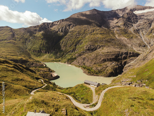 Aerial view point of Grossglockner Hochalpenstrasse Alpine Road in Austria, summer day. Motorcyclists and travelers road. aerial view of lake at Grossglockner Hochalpenstrasse 