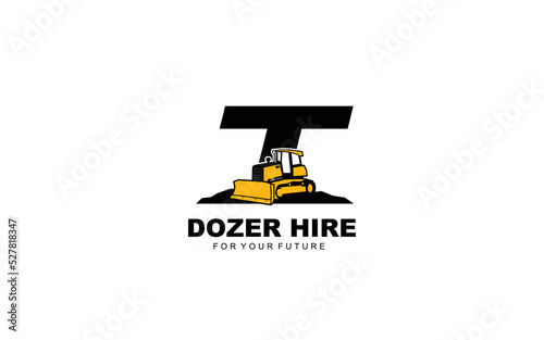 T logo Dozer for construction company. Heavy equipment template vector illustration for your brand.