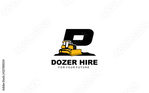 P logo Dozer for construction company. Heavy equipment template vector illustration for your brand.