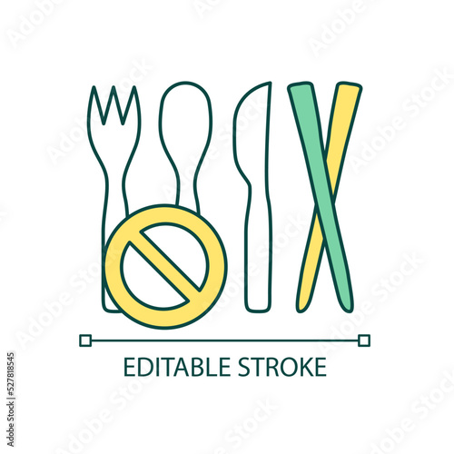 Stop using plastic utensils RGB color icon. Protect from contamination. Avoid single-use plastic cutlery. Isolated vector illustration. Simple filled line drawing. Editable stroke. Arial font used