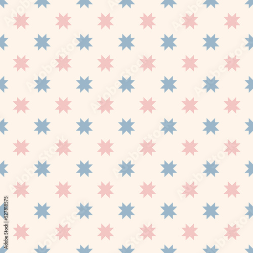 Vector geometric seamless pattern with flower silhouettes, crosses, snowflakes. Simple abstract floral ornament. Cute retro vintage style background. Texture in soft blue, pink and beige color
