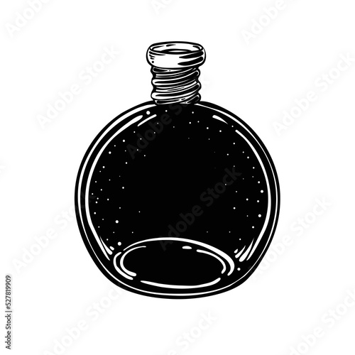 Magic potion black bottle. Vector illustration isolated on white. Spiritualit...