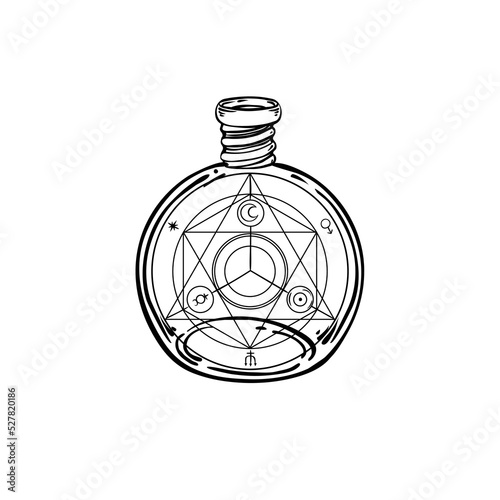 Magic potion black and white bottle with sacred geometry inside. Vector illus...