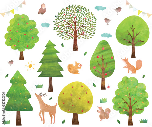 手描きー実のある北欧風かわいい木々と森の動物たちーエコイメージのイラストセット白バック素材
