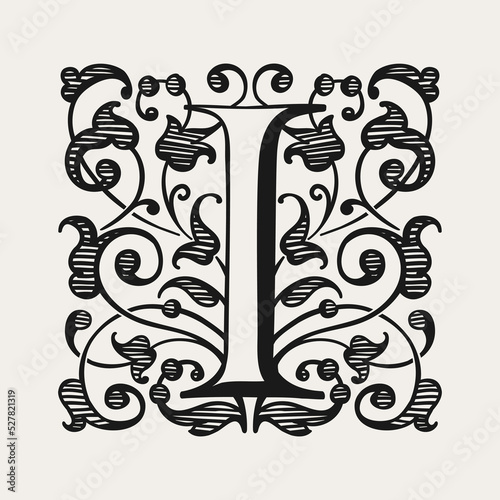 I letter logo in medieval gothic style. Engraving drop cap icon.
