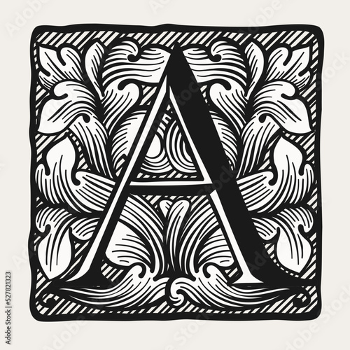 A letter logo in medieval gothic style. Engraving drop cap icon.