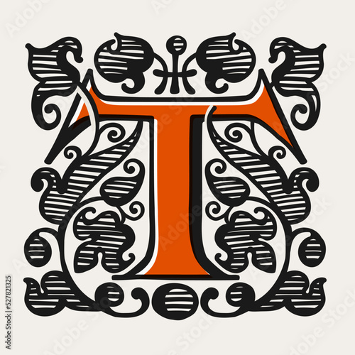 T letter logo in medieval gothic style. Engraving drop cap icon.