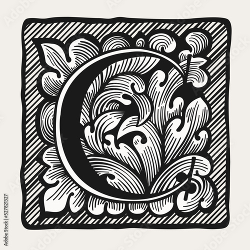 C letter logo in medieval gothic style. Engraving drop cap icon.