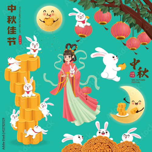 Vintage Mid Autumn Festival poster design with the Chinese Goddess of Moon, rabbit character. Chinese translate Mid Autumn Festival, Happy Mid Autumn Festival, Fifteen of August.