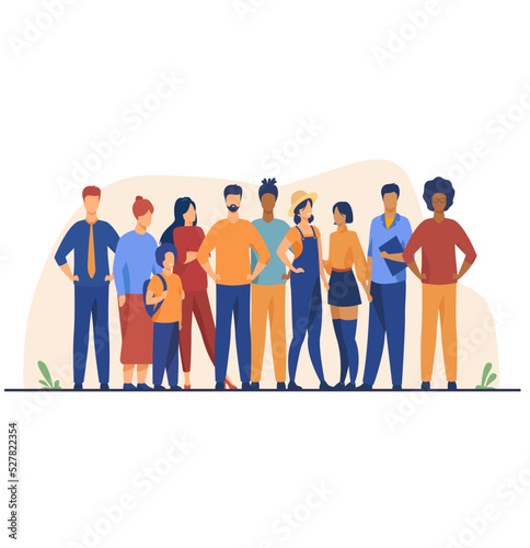 Business multinational team. Vector illustration of diverse cartoon men and women of various races  ages and body type in office outfits. Isolated on white.