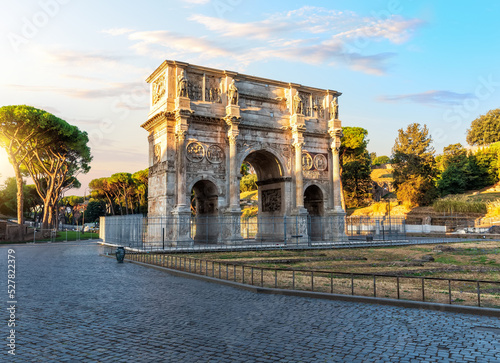 The Arch of Constantine at sunset, famous ancient triumphal arch of Rome, Italy