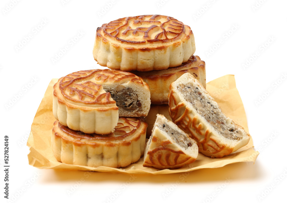Mid-Autumn Festival moon cake on white background(Non-English texts translation :salt and pepper Mid-Autumn Festival moon cake on white background(Non-English texts translation :salt and pepper