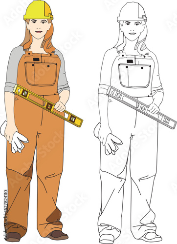 woman builder in overalls and a protective helmet, holds work gloves and a building level in her hands. fictional character