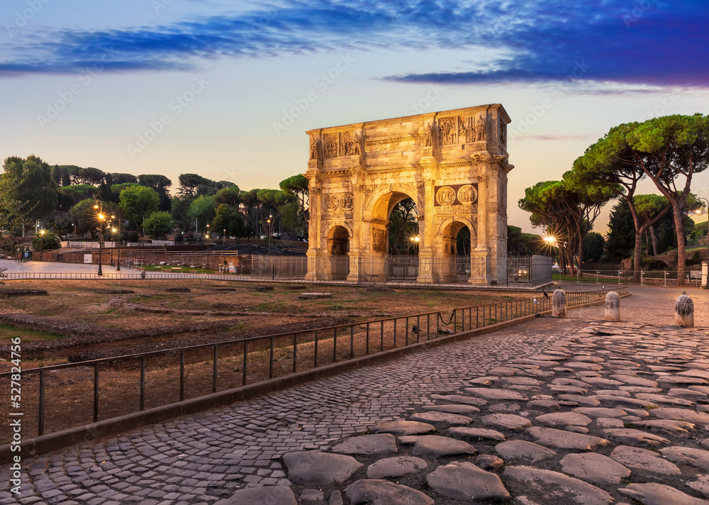 Famous Illuminated Arch of Constantine at sunset, no people, Rome, Italy