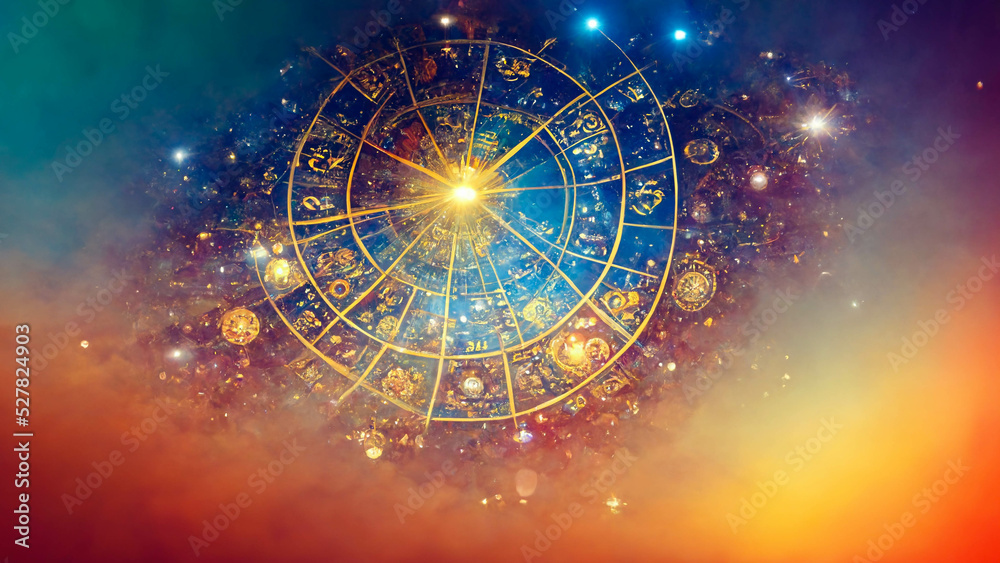 Golden star zodiac in a sky full of constellations for astrologers - obrazy, fototapety, plakaty 