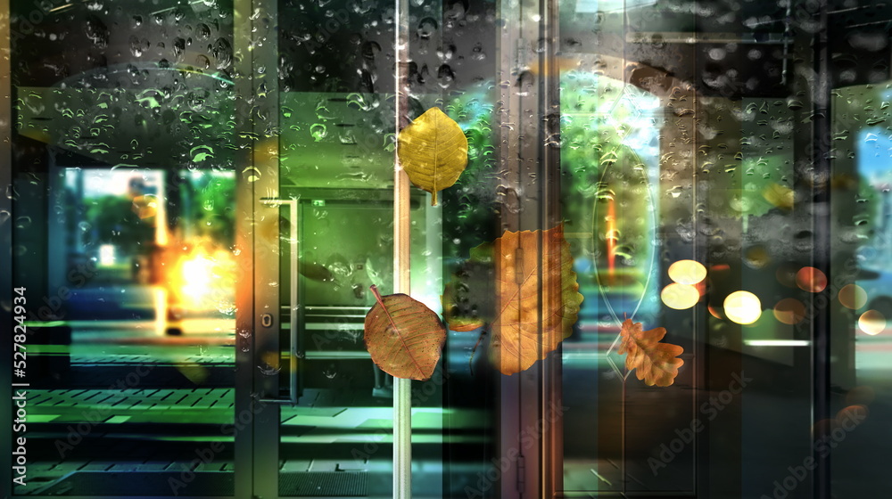 Autumn night city rain blurred light car traffic and shop vitrines ...