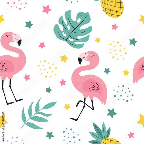 Colorful pattern with pink flamingo, palm tree and pineapple. Children's summer pattern with stars. Vector pattern for children's clothes, textiles and packaging