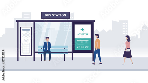 バス停でバスを待つ人々のイラスト素材｜mayucolor03