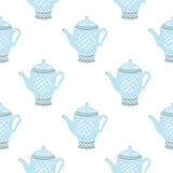 Blue painted porcelain teapots seamless pattern. Continuous background with beautiful ceramic tableware. Print for textiles, packaging, paper and design vector illustration.