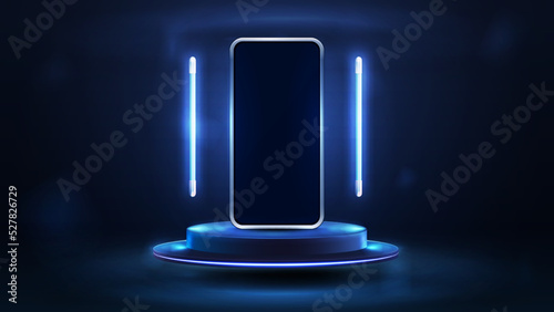 Smartphone on blue podium floating in the air in dark scene with blue flying line lamps around, 3d realistic vector illustration.