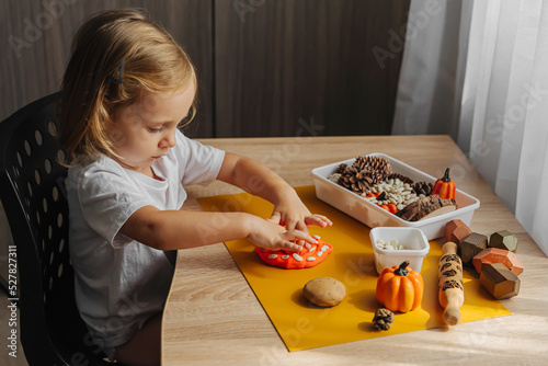 A little girl playing with autumn natural materials and play dough. Educational game for toddlers.  Montessori material. Sensory play ideas and fall nature crafts concept. photo