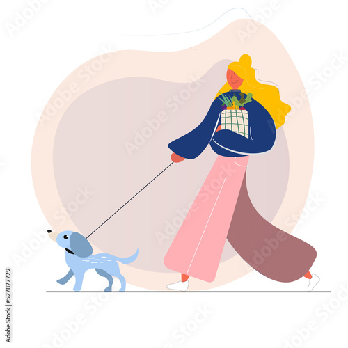 Photography Young girl woman walking with a dog after grocery