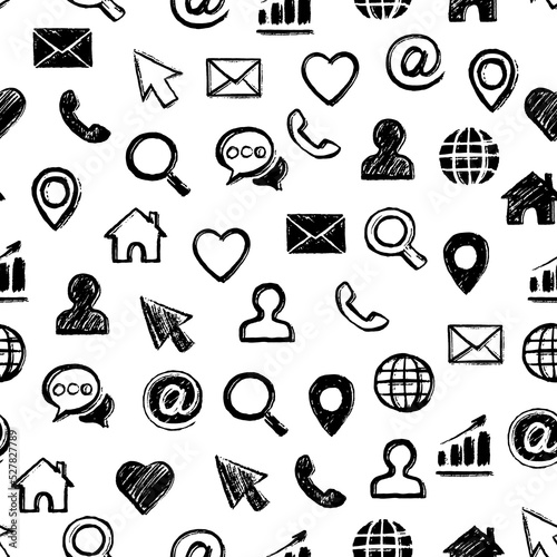 Seamless pattern of network icons. Hand-drawn by brush. Texture grunge style. Home, favorites, user, email, search, pin, internet, phone call, arroba, cursor icons. Vector illustration