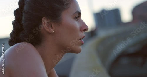 Sweating, tired and breathe fitness woman breathing for mental health rest, body break and training quit in city. Sports runner, athlete and challenge struggle with running loss, workout and exercise