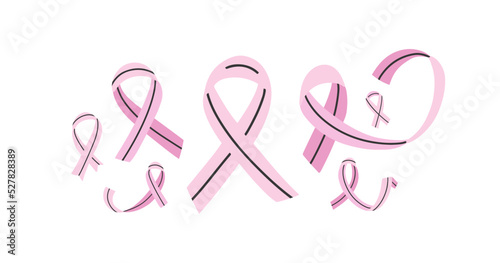 Set of various pink ribbons, breast cancer symbol. Cute cartoon elements. Vector illustration.