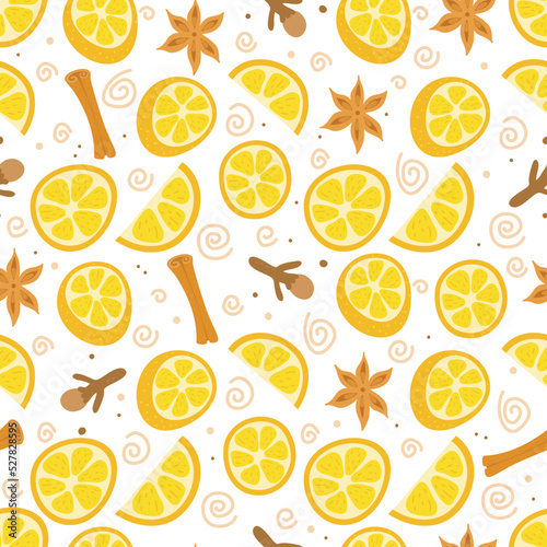 mulled wine seamless pattern with cinnamon,oranges, anise stars, and cloves. Christmas decoration. Stock vector illustration on a white background.