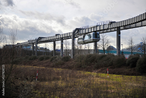 Monorail suspension subway goes from Dusseldorf airport in Germany to city center