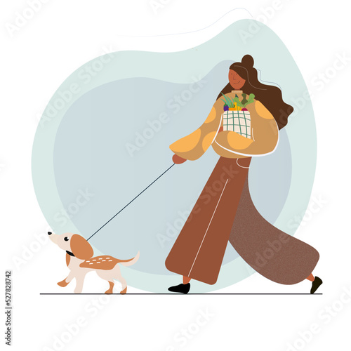 person with a dog, young woman girl walking with a dog after shopping groceries , fresh vegetables organic and healthy. Cute flat vector illustration