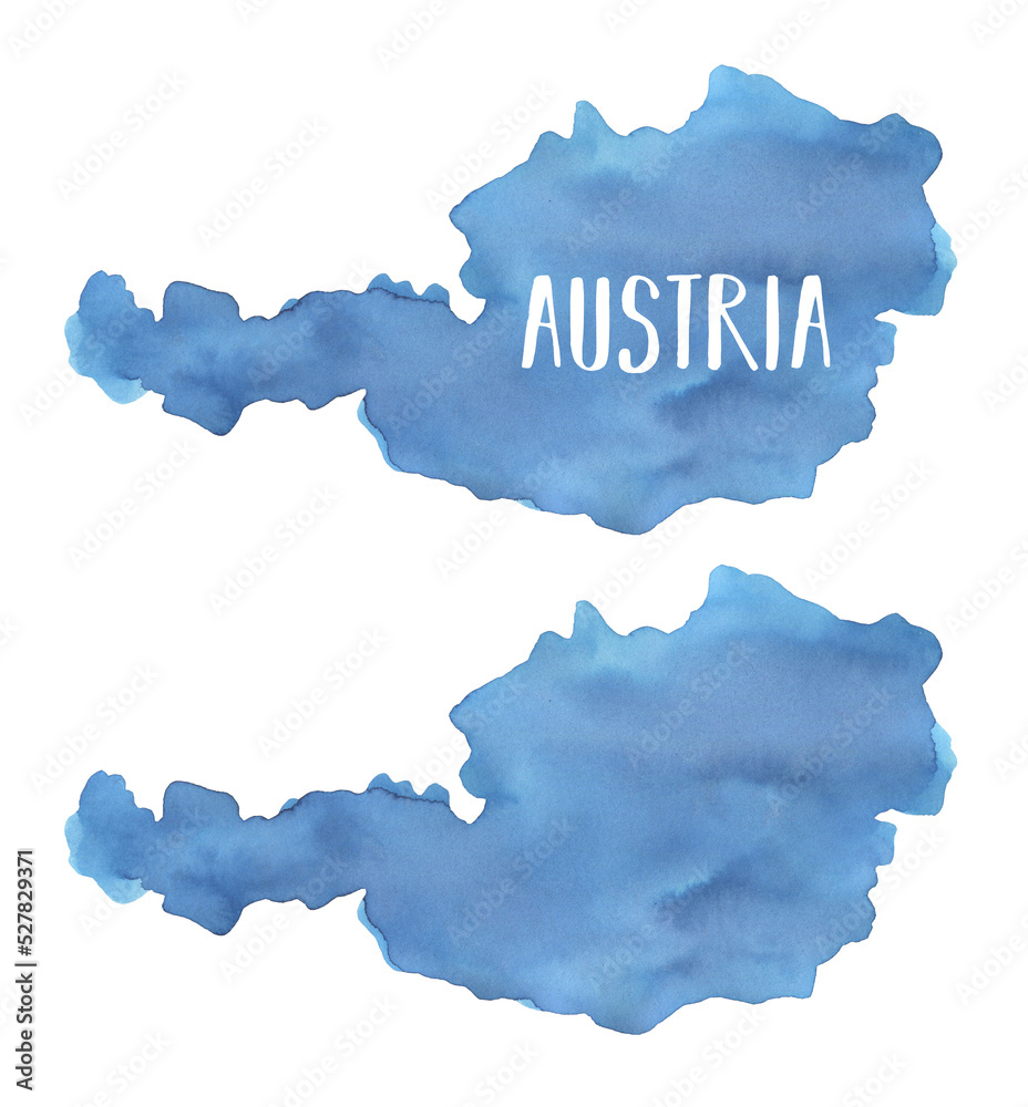 Watercolour illustration of Austria Map Silhouette template in beautiful sky blue color. Hand drawn water colour sketchy painting on white backdrop. Cut out clip art elements for design decoration.